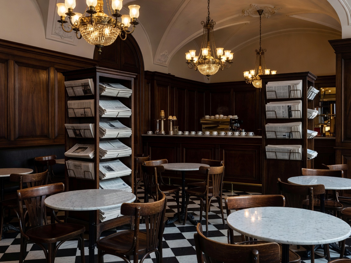 Classical Viennese coffeehouse interior with marble tables and newspaper stands