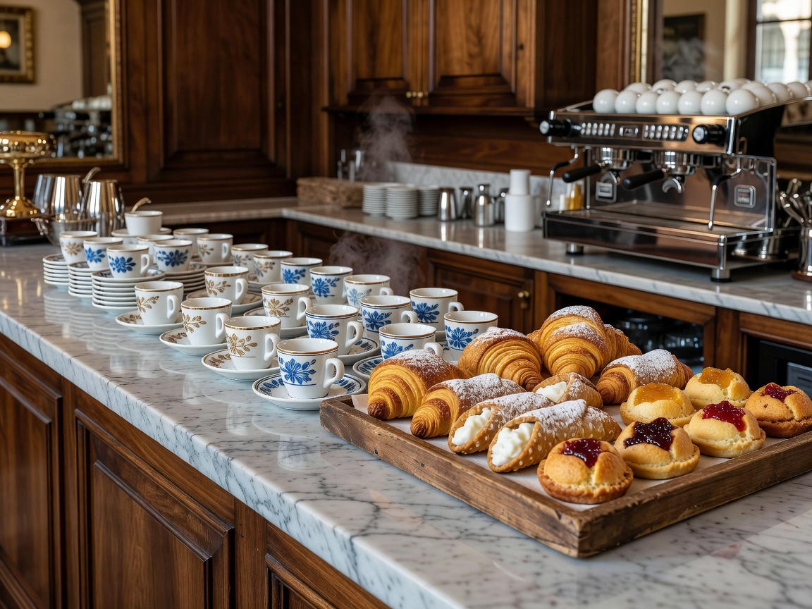 Porcelain espresso cups and Italian pastries at Pasticceria Marchesi Milan