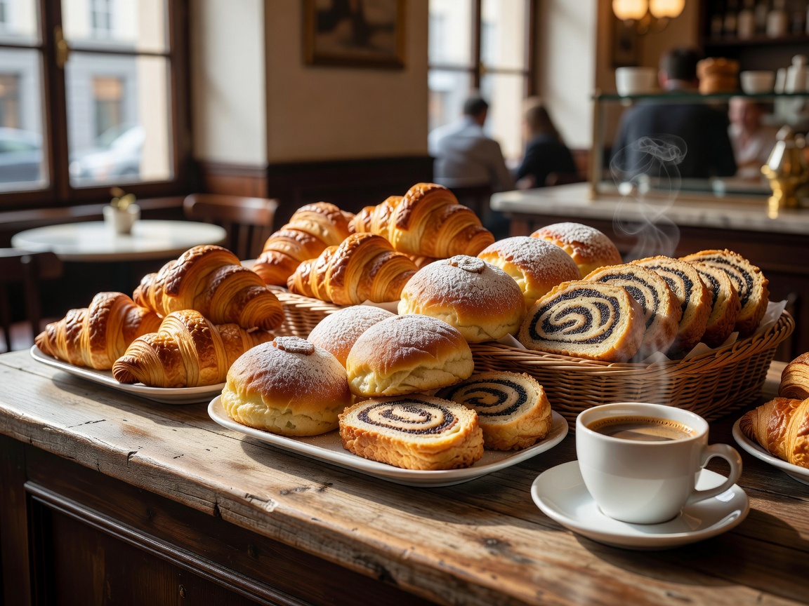 Fresh Viennese pastry display and coffee cup