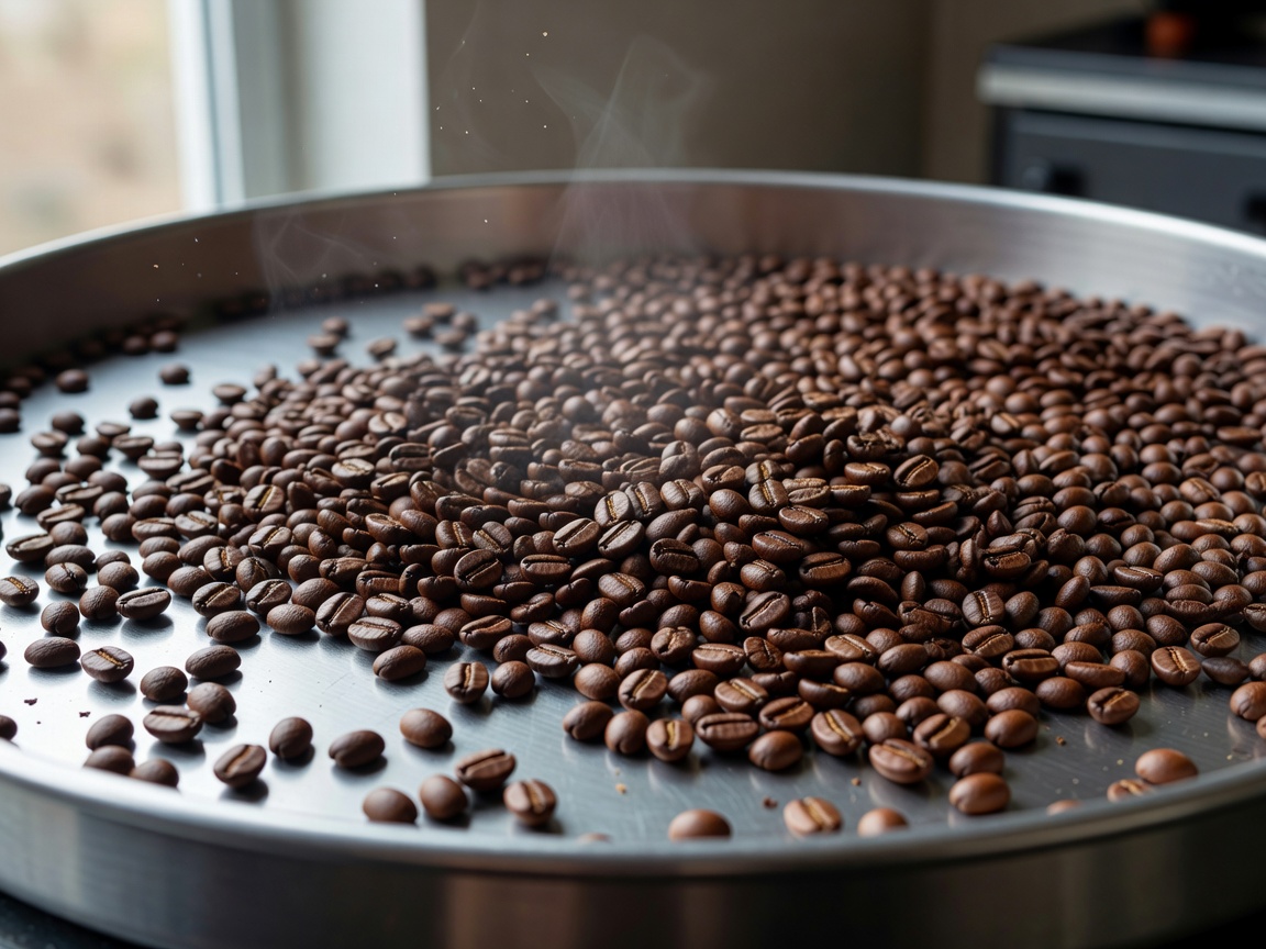 Roasted coffee beans cooling in roasting machine at The Barn Berlin