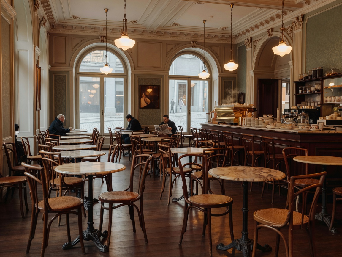 Palatial ceiling and grand chandeliers of Cafe Central in Vienna