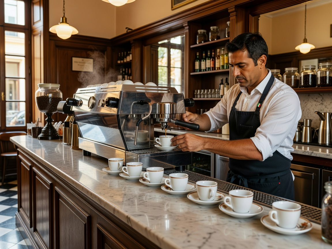 Italian espresso bar with porcelain cups and barista pull