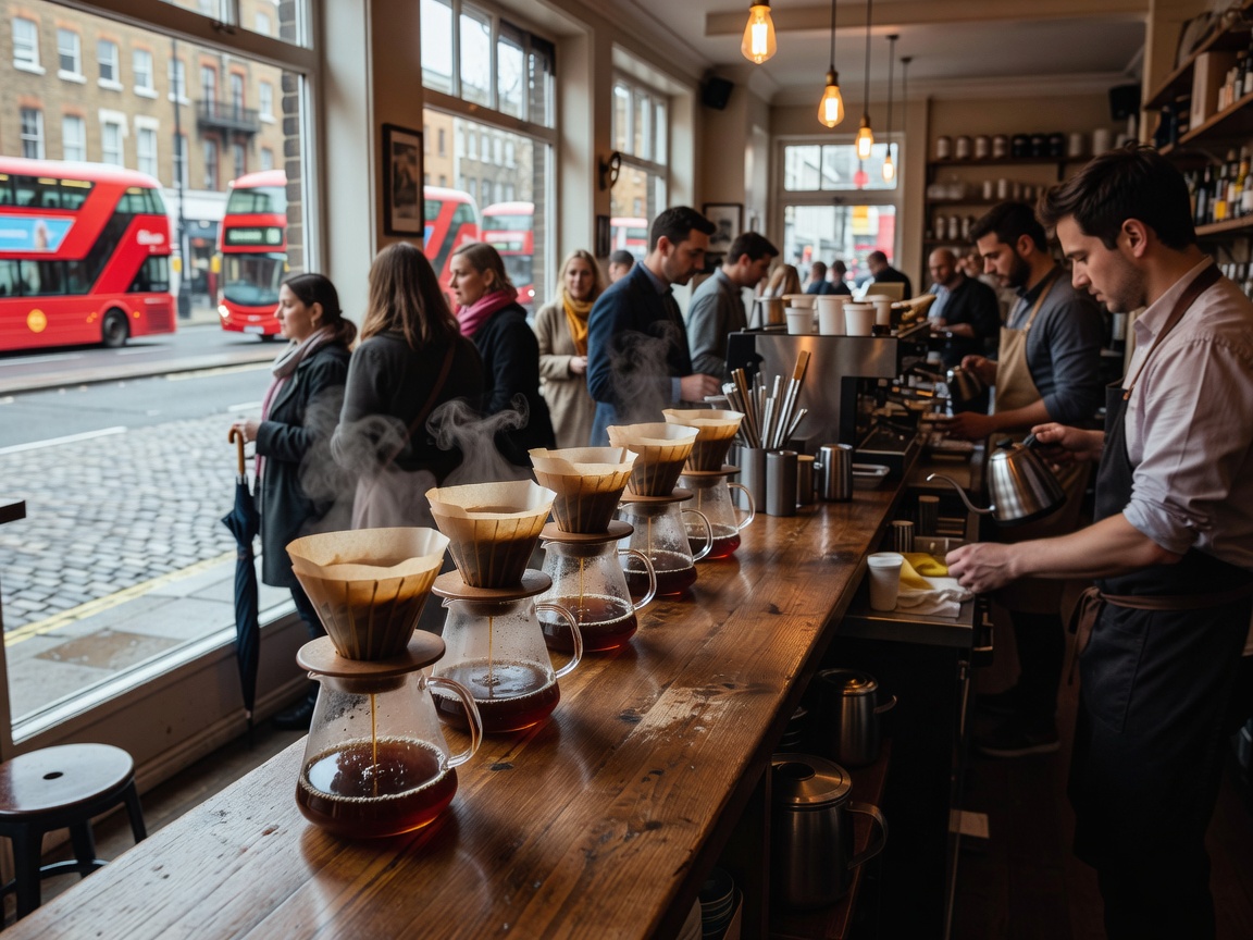 Barista preparing multiple pour-overs at Monmouth Coffee Covent Garden