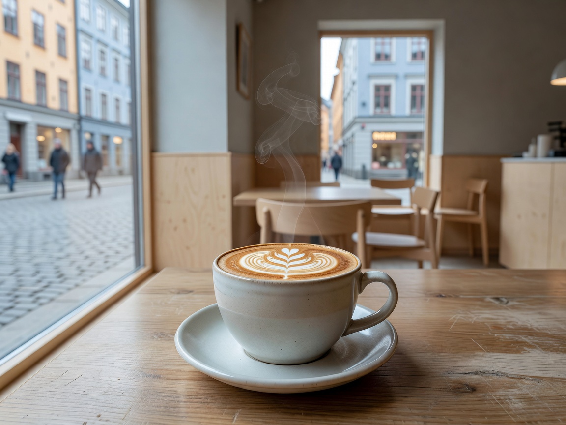 Nordic specialty coffee cup with clean latte art in Stockholm cafe