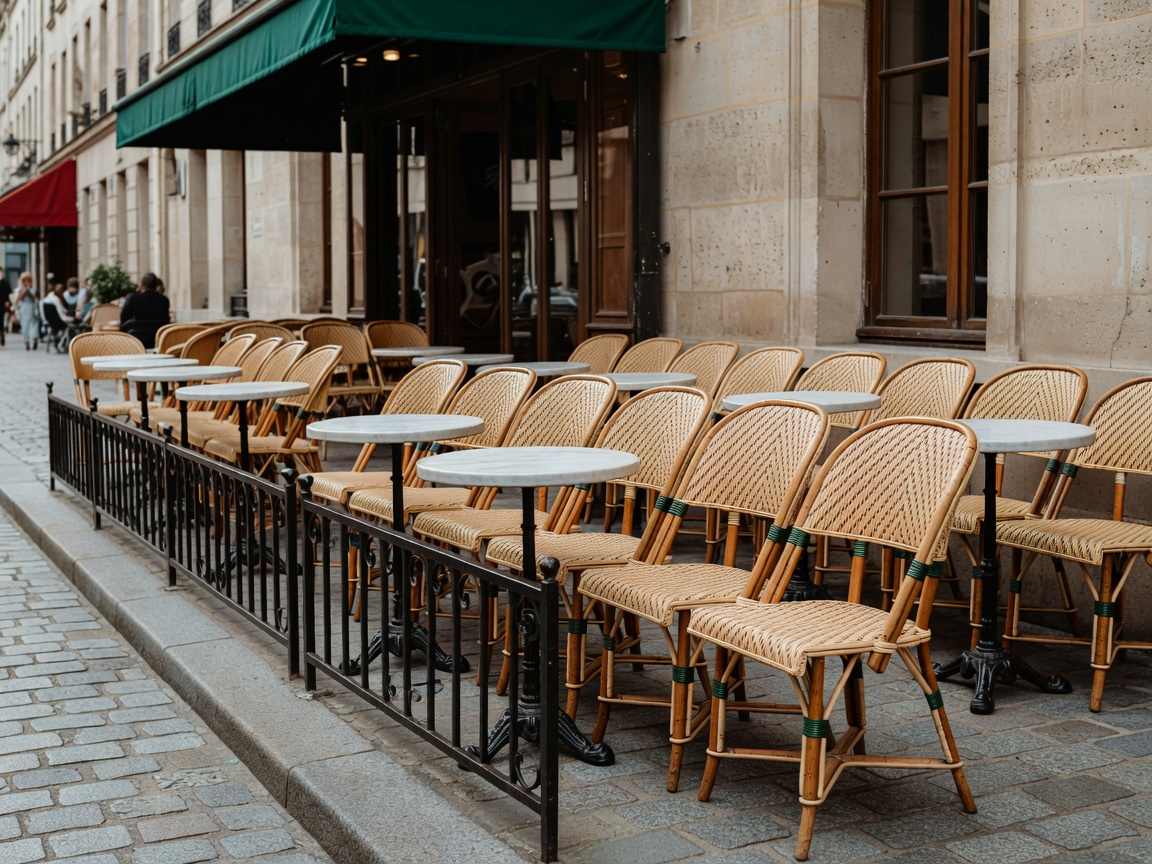 Outdoor terrace wicker chairs of traditional Parisian cafe on Saint-Germain