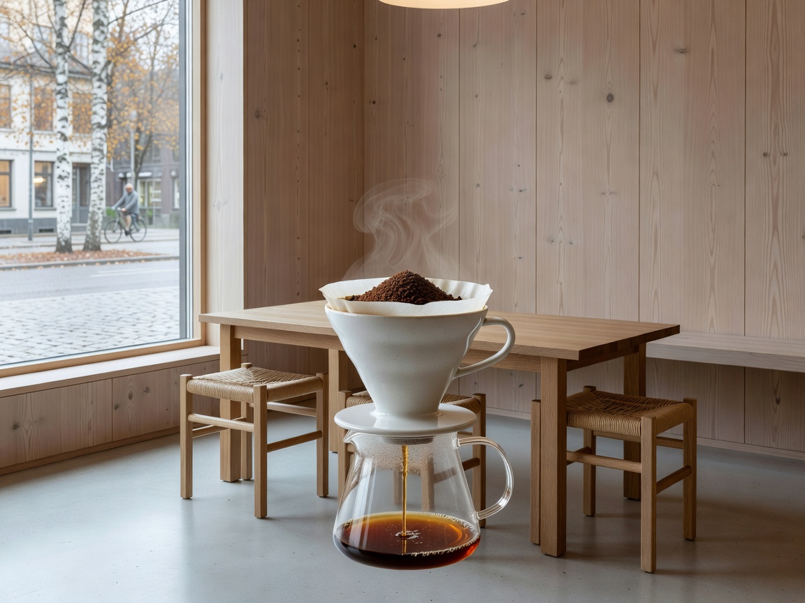 Pour over coffee dripper in Nordic minimalist cafe