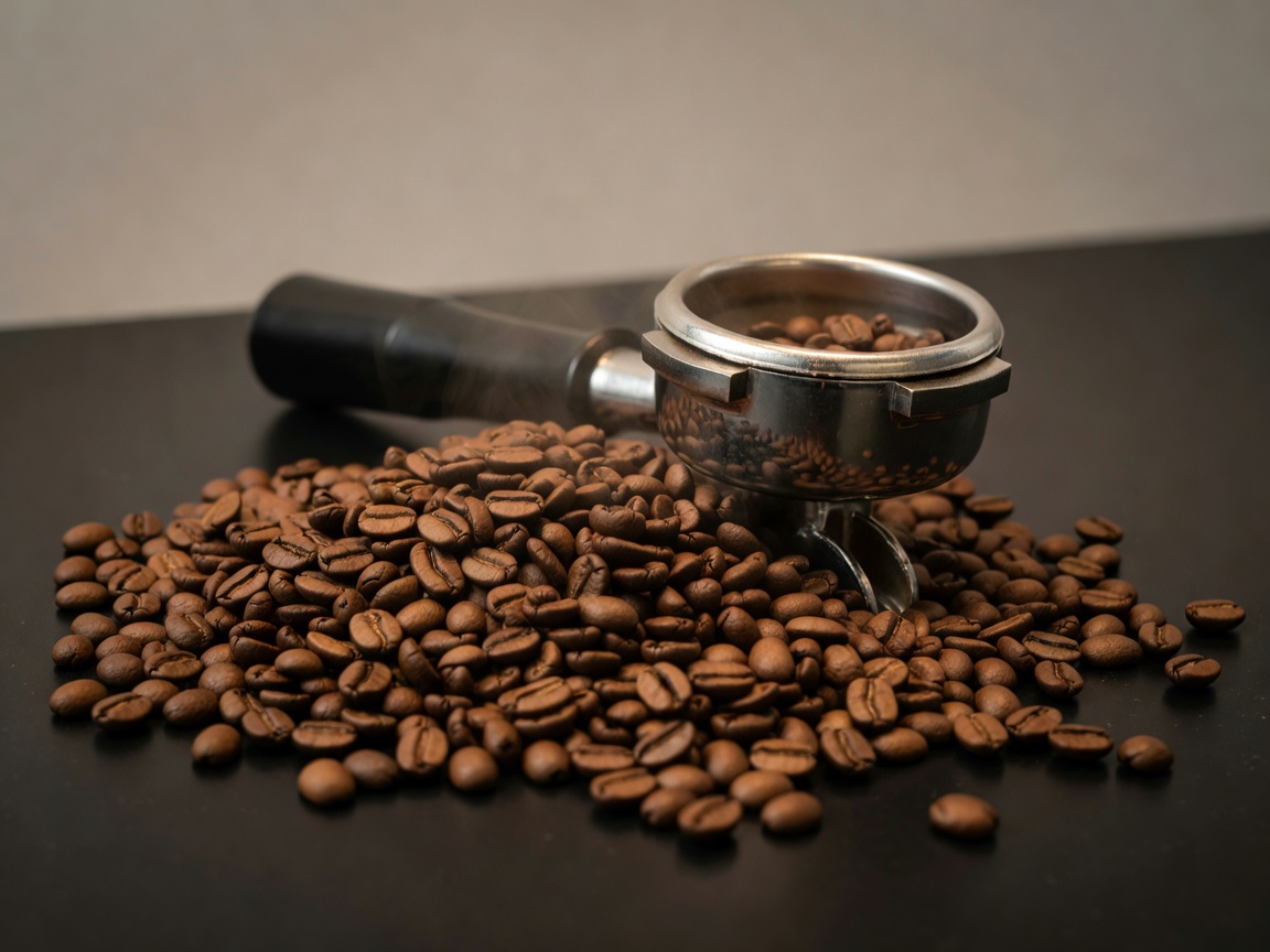 Roasted coffee beans and espresso machine portafilter